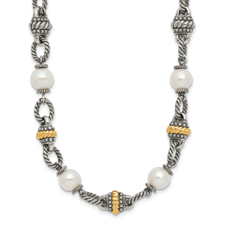 Sterling Silver with 14K Accent 18 Inch Antiqued 8mm Freshwater Cultured Pearl Necklace