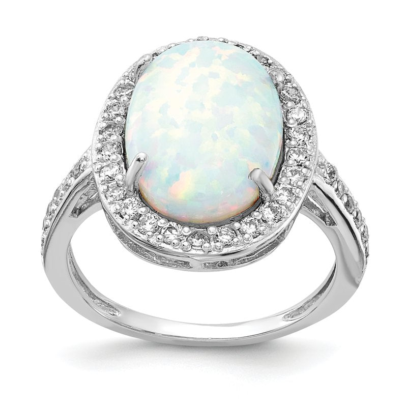 Sterling Silver Rhodium-plated Cabochon Lab Created Opal and Brilliant-cut CZ Oval Halo Ring