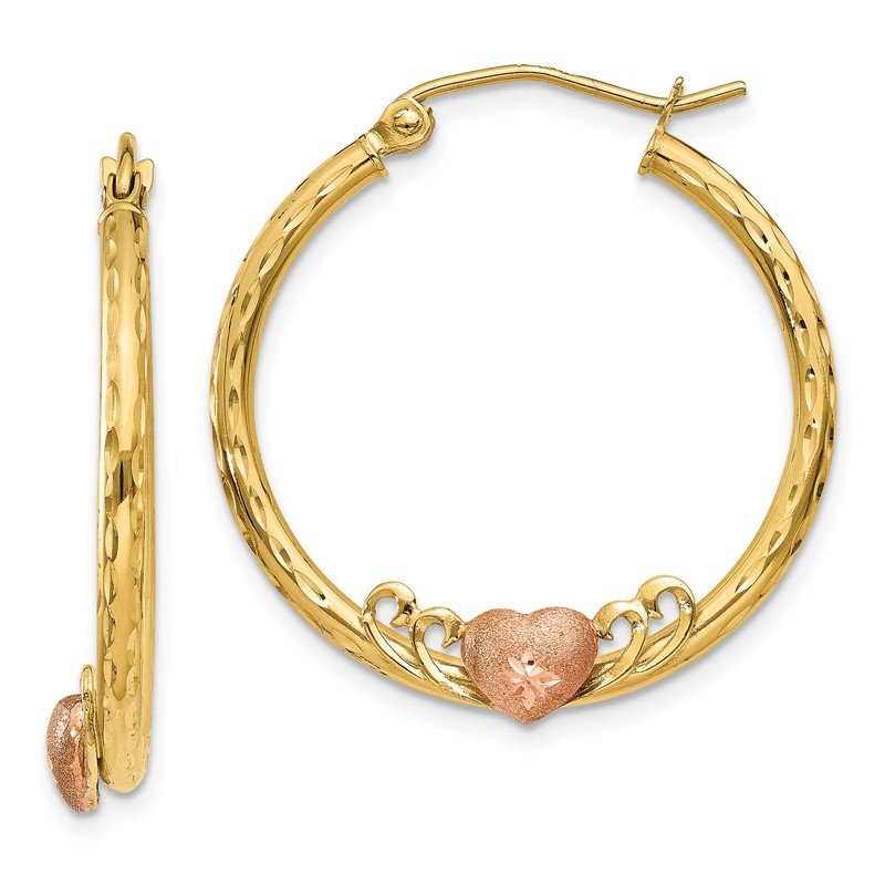 14K &amp; Rose Heart D/C Hoop Earrings