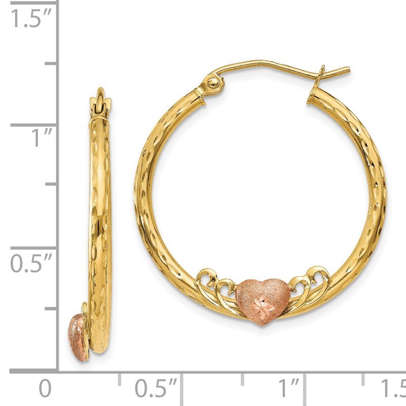 14K &amp; Rose Heart D/C Hoop Earrings