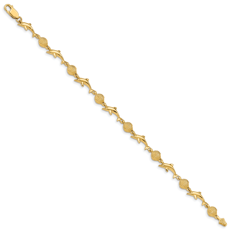 14K Polished Dolphin and Sea Shell 7 inch Bracelet