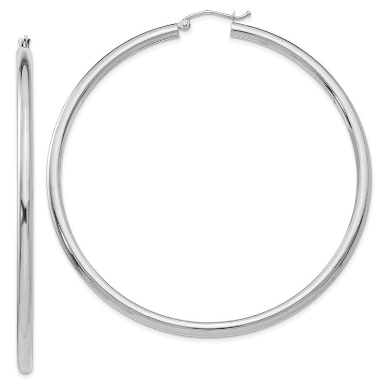14K White Gold 3x65mm Polished Lightweight Tube Hoop Earrings