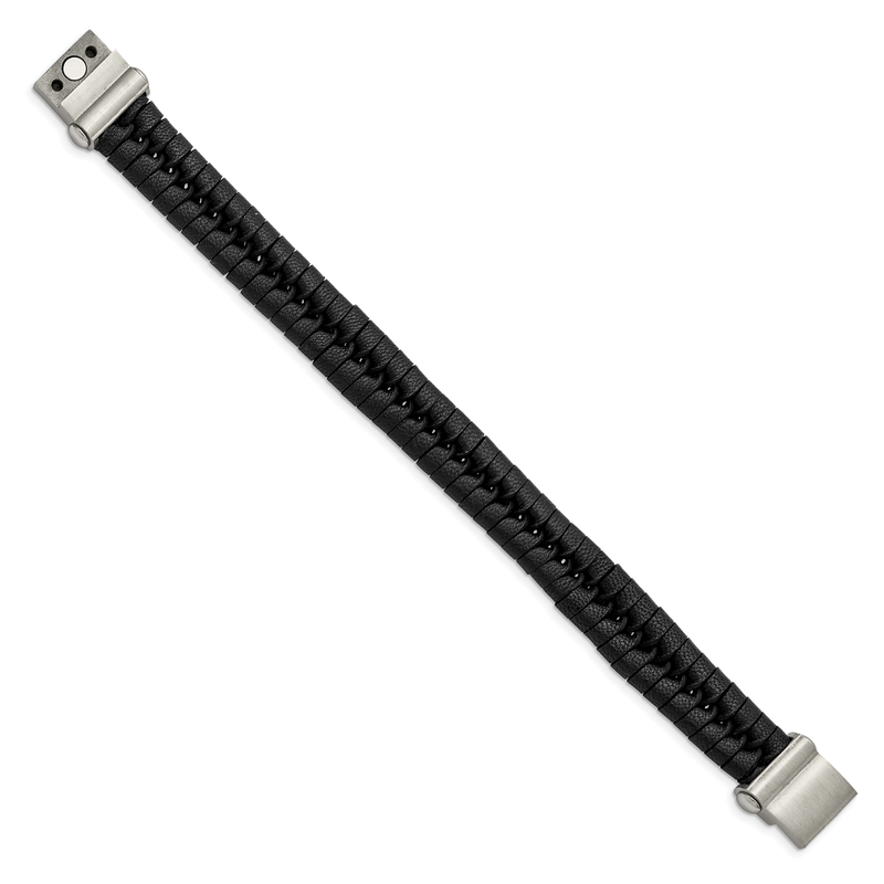 Stainless Steel Brushed Black Leather 8.5 inch Bracelet