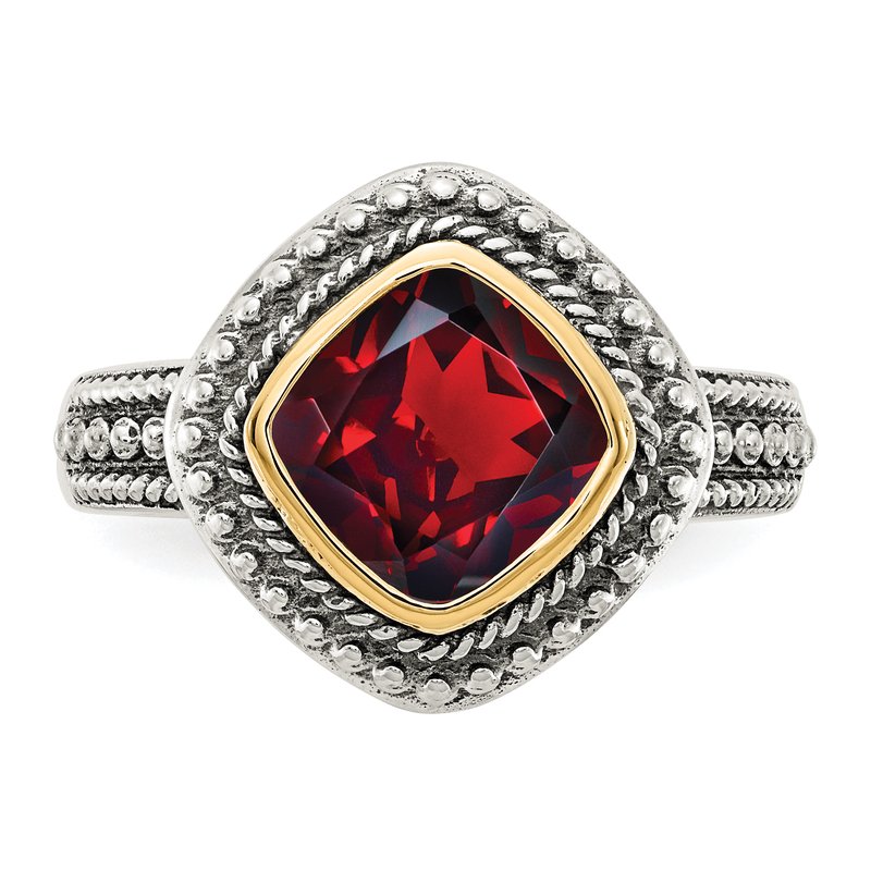 Sterling Silver with 14K Accent Antiqued Cushion Bezel Garnet Ring