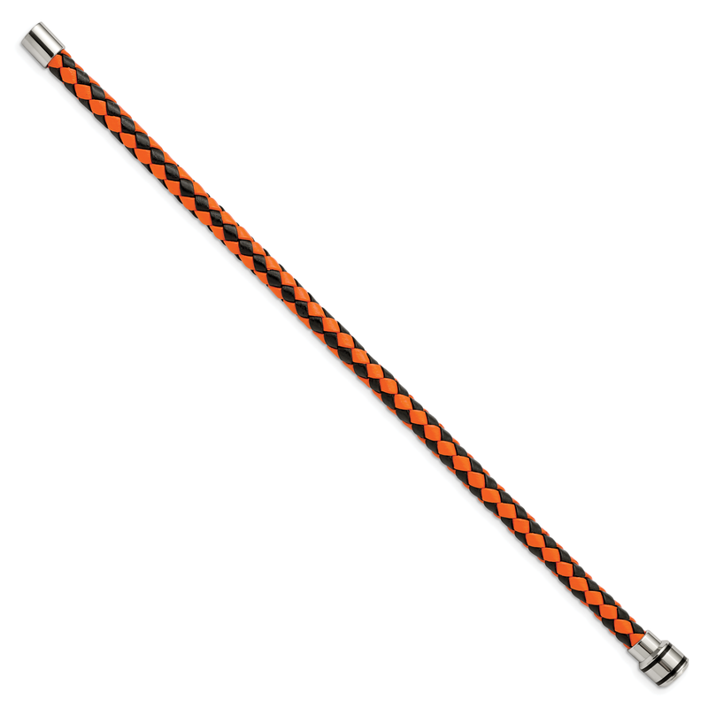 Stainless Steel Polished Black IP-plated Black and Orange Braided Leather 9 inch Bracelet