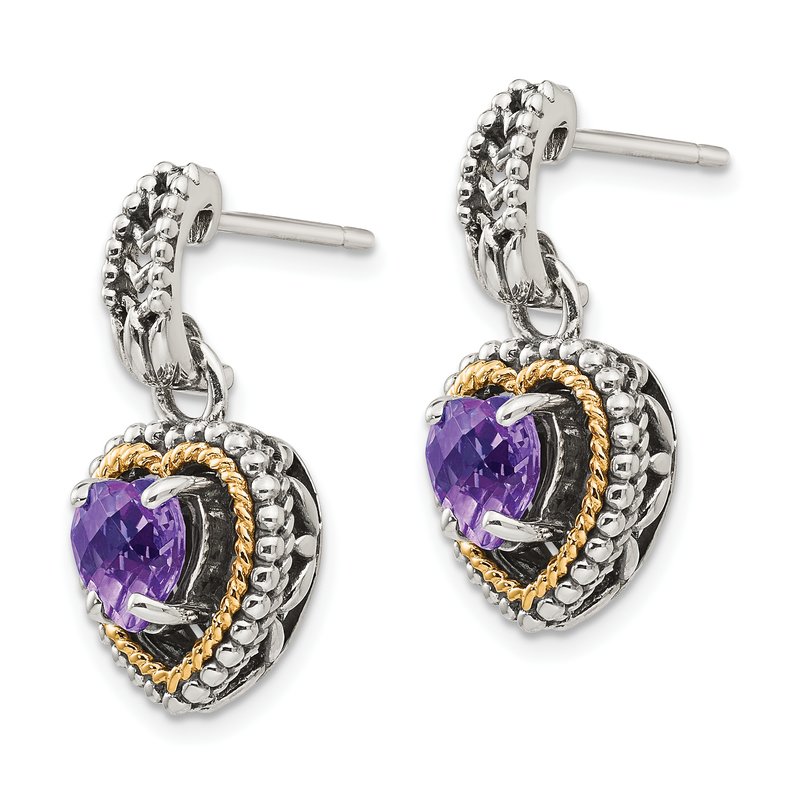 Sterling Silver with 14K Accent Antiqued Amethyst Heart Post Dangle Earrings