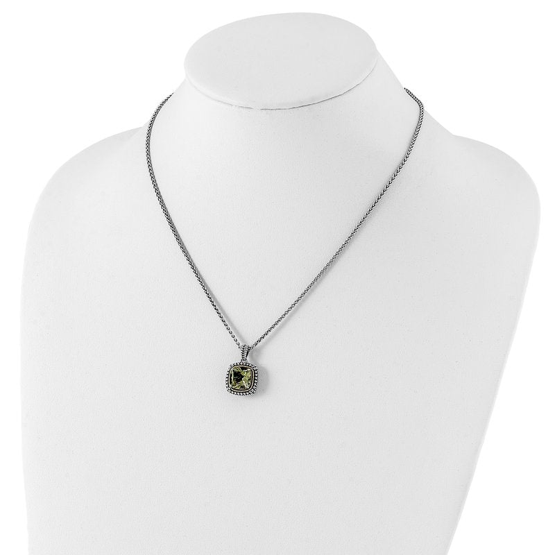 Sterling Silver with 14K Accent 18 Inch Antiqued Cushion Green Quartz Necklace