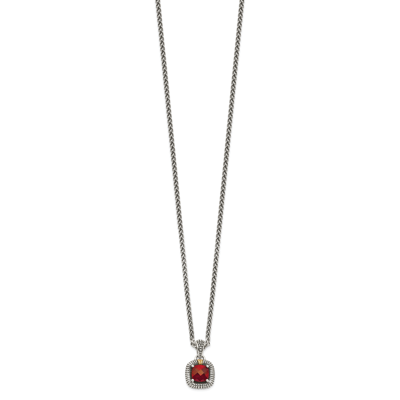 Sterling Silver with 14K Accent 18 Inch Antiqued Checkerboard Bezel Garnet Necklace