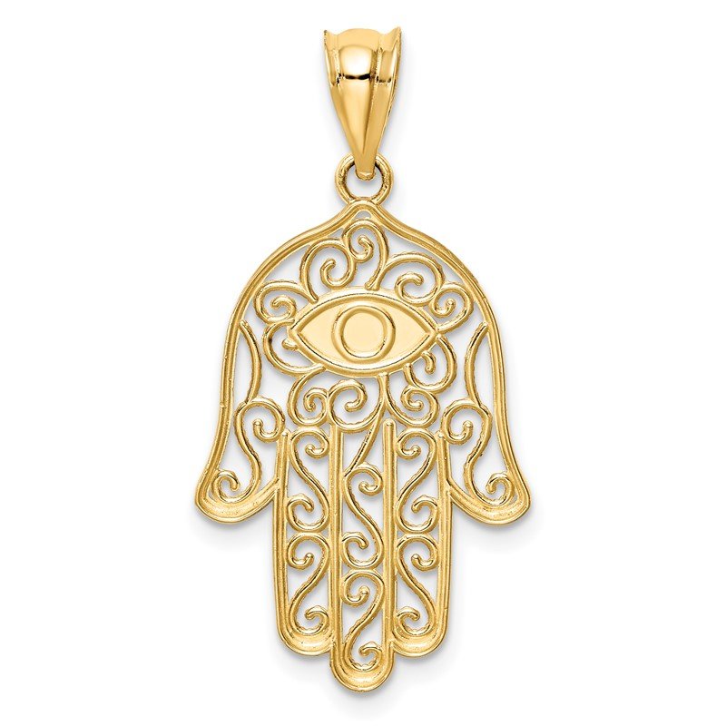 14K Polished and Enameled Hamsa and Evil Eye Pendant