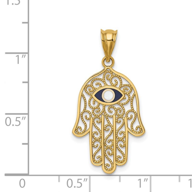 14K Polished and Enameled Hamsa and Evil Eye Pendant