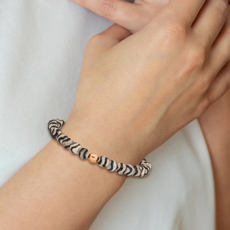 Stainless Steel Polished Rose IP-plated 6mm Black and White Striped Agate Beaded Stretch Bracelet