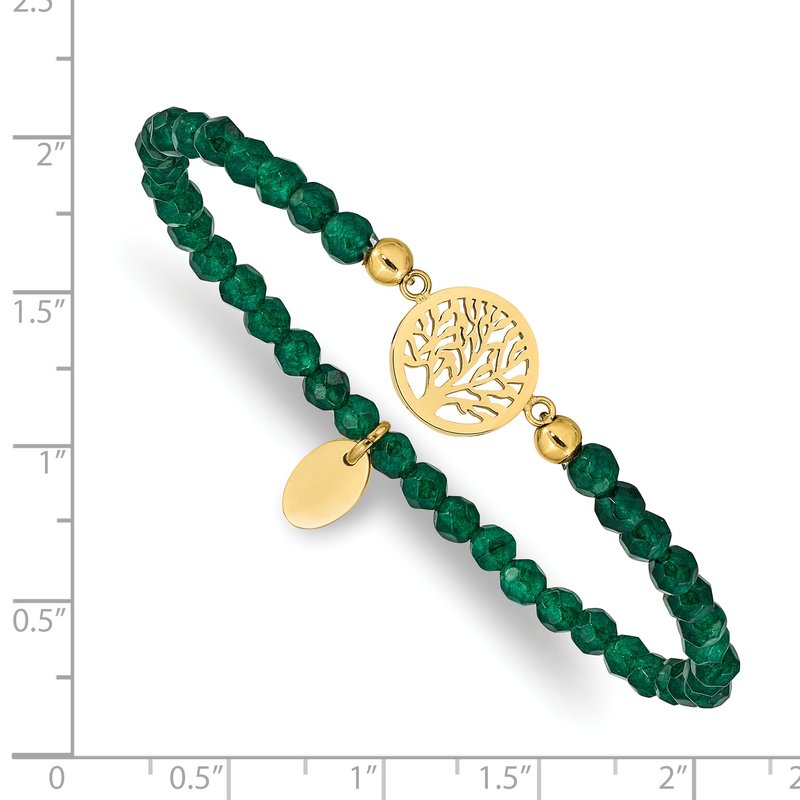 Stainless Steel Polished Yellow IP-plated Tree of Life 4mm Green Jade Beaded Stretch Bracelet