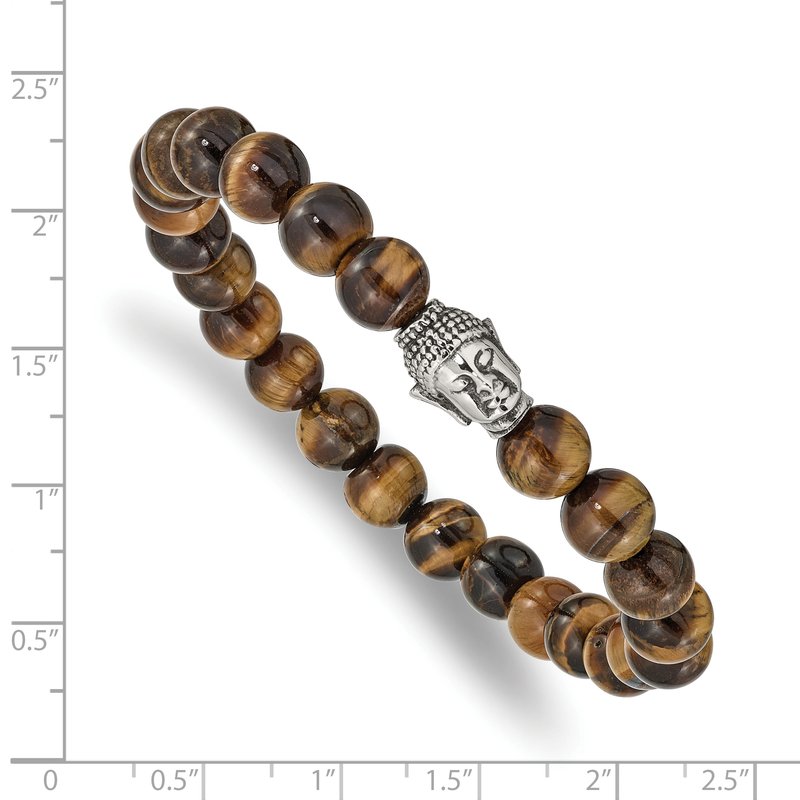 Stainless Steel Antiqued and Polished Buddha 8mm Tiger's Eye Beaded Stretch Bracelet