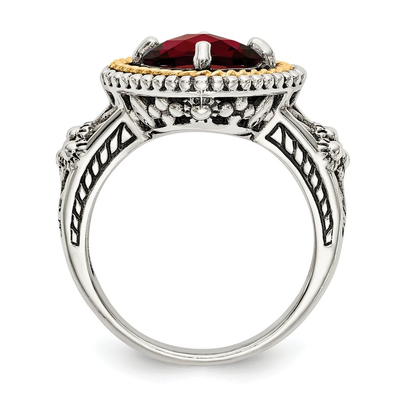 Sterling Silver with 14K Accent Antiqued Checkerboard Cushion Garnet Ring