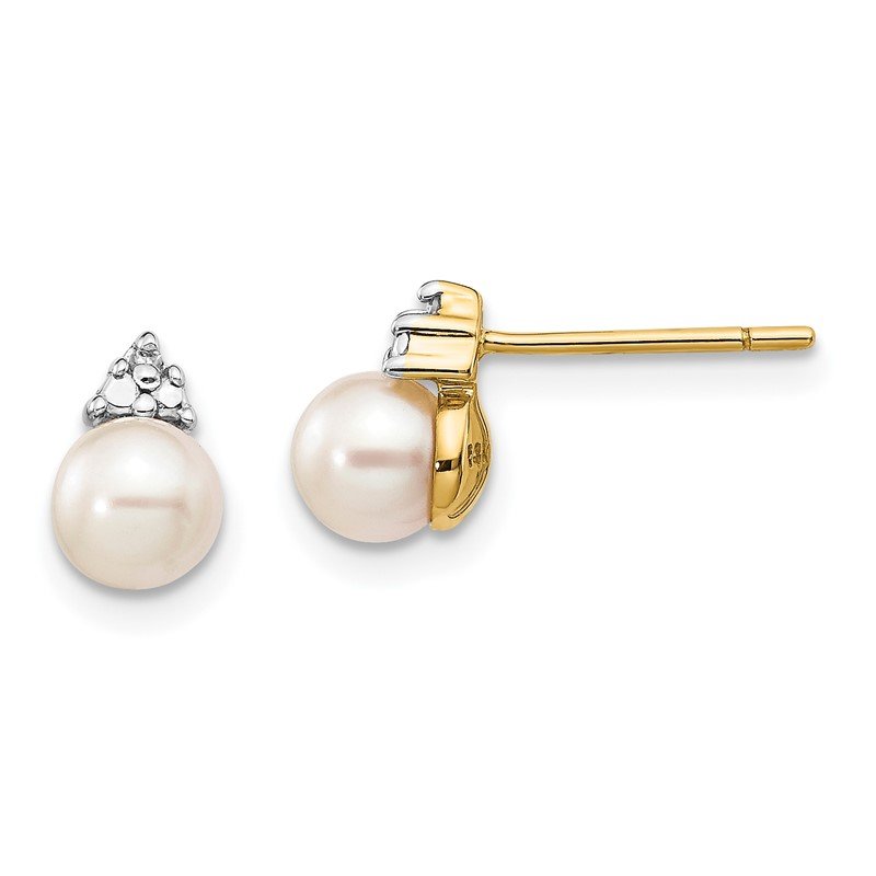 14k 5-6mm White Round Freshwater Cultured Pearl and .01 carat Diamond Post Earrings