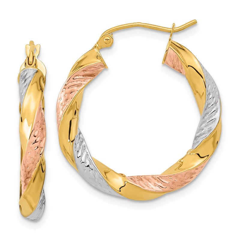 14k w/ White/Rose RH Polished &amp; D/C Twist Hoop Earrings