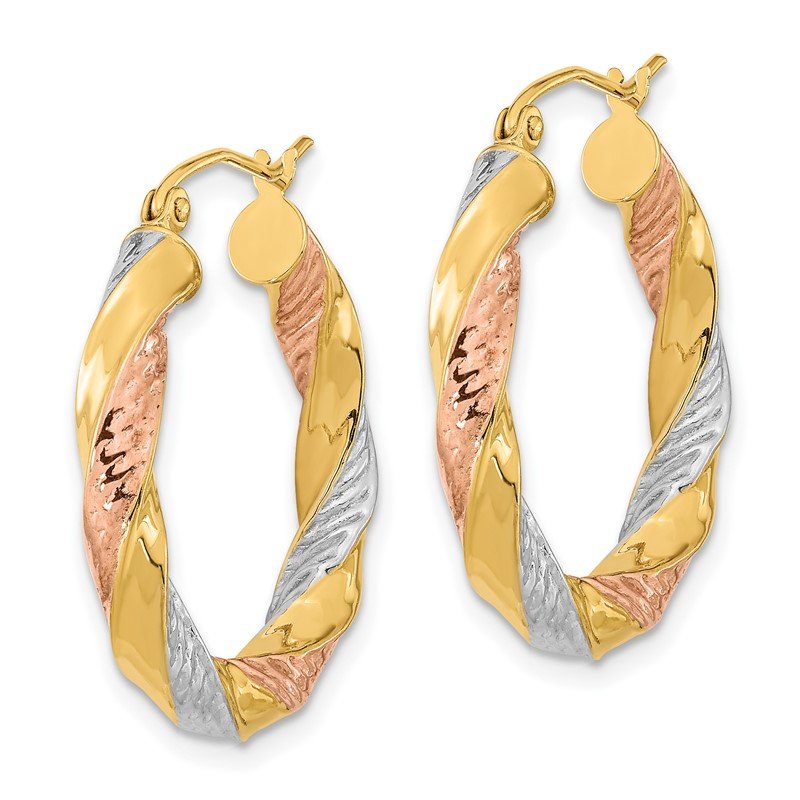 14k w/ White/Rose RH Polished &amp; D/C Twist Hoop Earrings