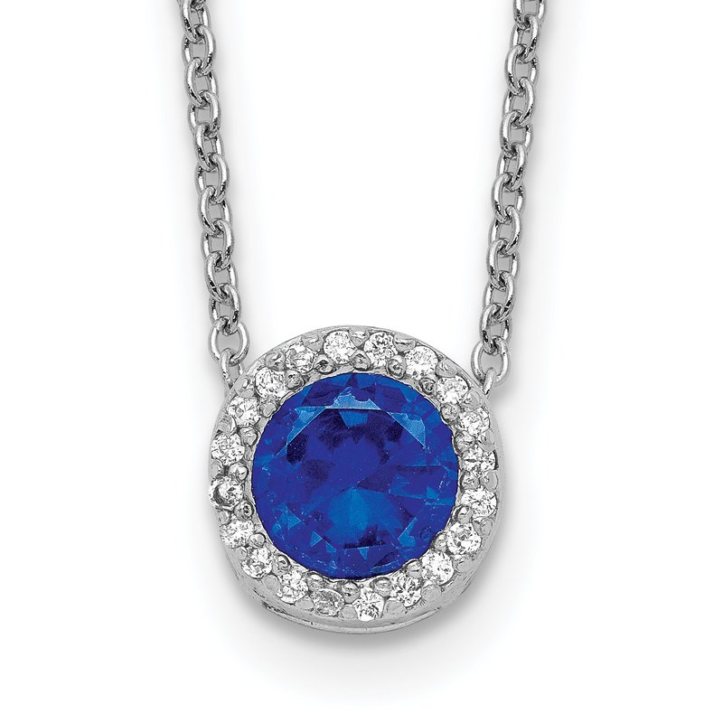 Sterling Silver Rhodium-plated Brilliant-cut Lab Created Dark Blue Spinel and Brilliant-cut White CZ Round Halo 18.25 Inch Necklace
