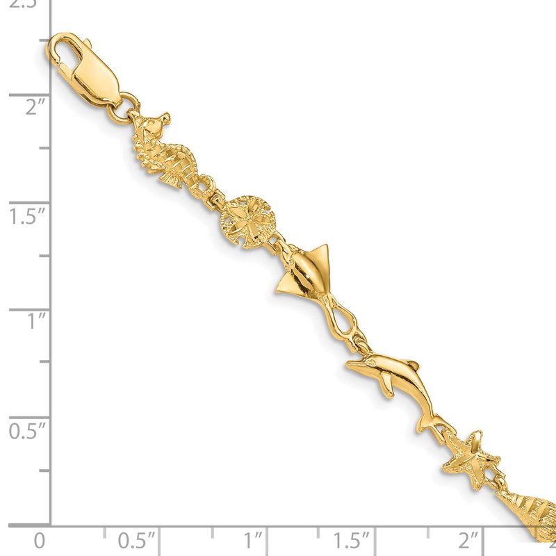14k Polished and Textured Ocean Motif 7 inch Bracelet