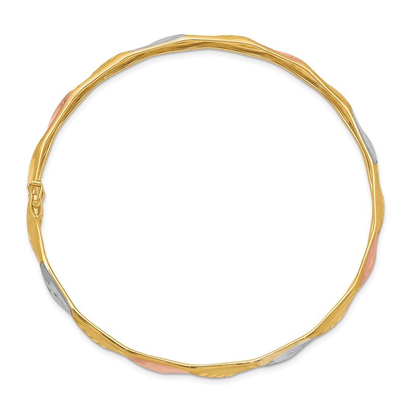 14K with White and Rose Rhodium Polished and Satin Diamond-cut 5.00mm Flexible Round Bangle Bracelet