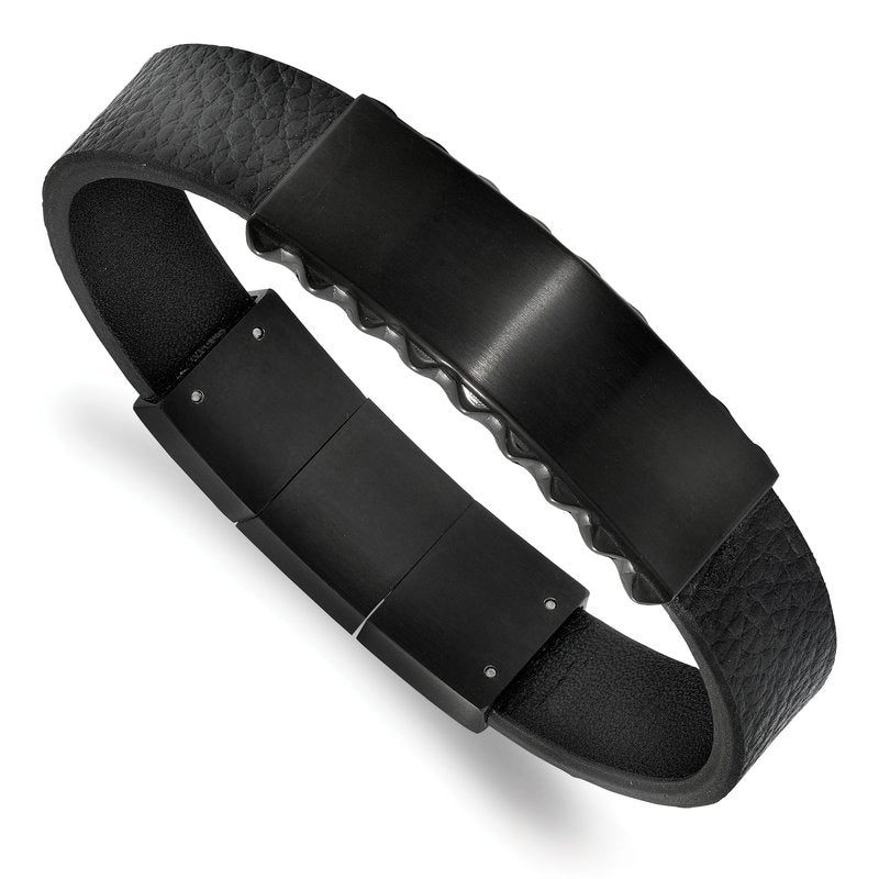 Stainless Steel Brushed and Polished Black IP-plated Black Textured Leather 7.75 inch ID Bracelet with .5 inch Extension