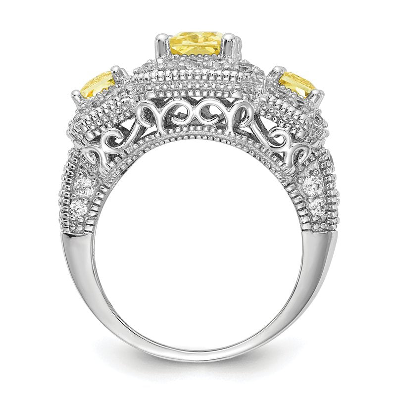 Sterling Silver Rhodium-plated Yellow Radiant-cut and White Brilliant-cut CZ 3 Stone Ring
