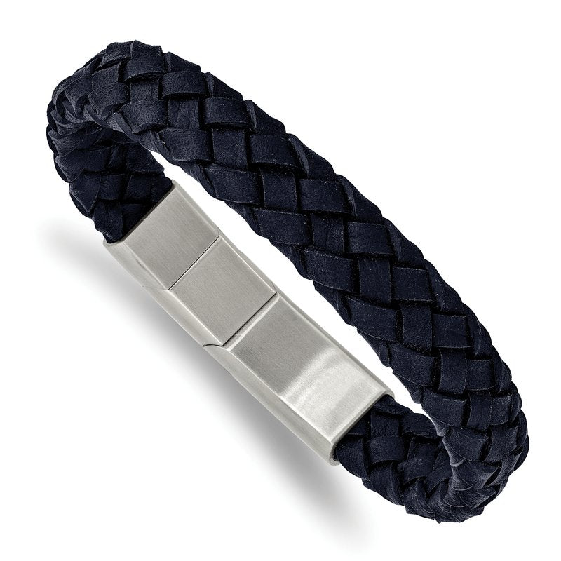 Stainless Steel Brushed Navy Blue Braided Leather 8.25 inch Bracelet with .5 inch Extension