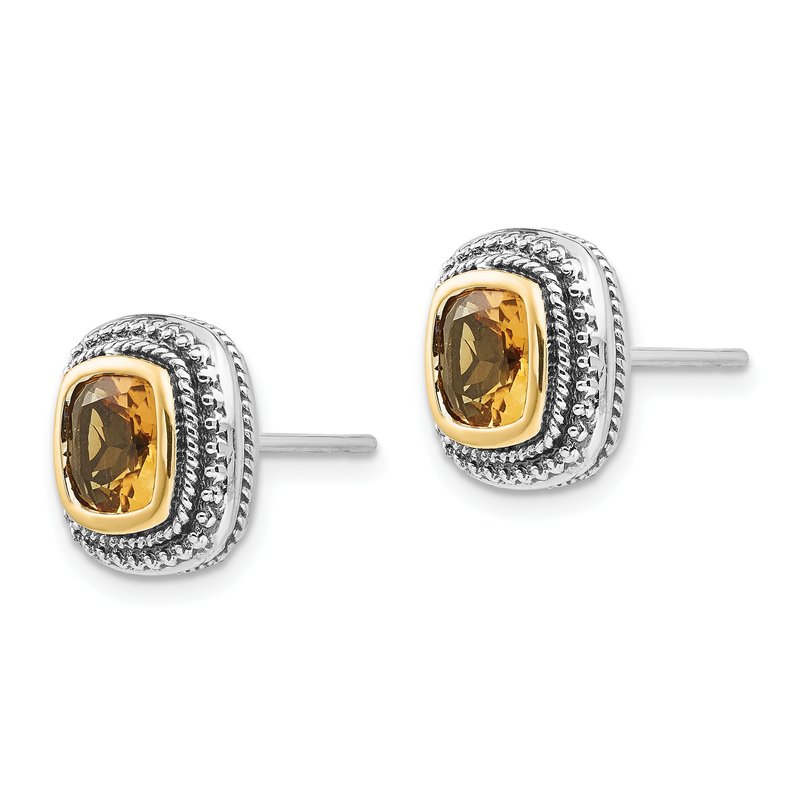 Sterling Silver with 14K Accent Antiqued Cushion Bezel Citrine Post Earrings