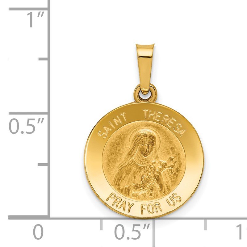 14k Polished and Satin Hollow St Theresa Medal Round Pendant