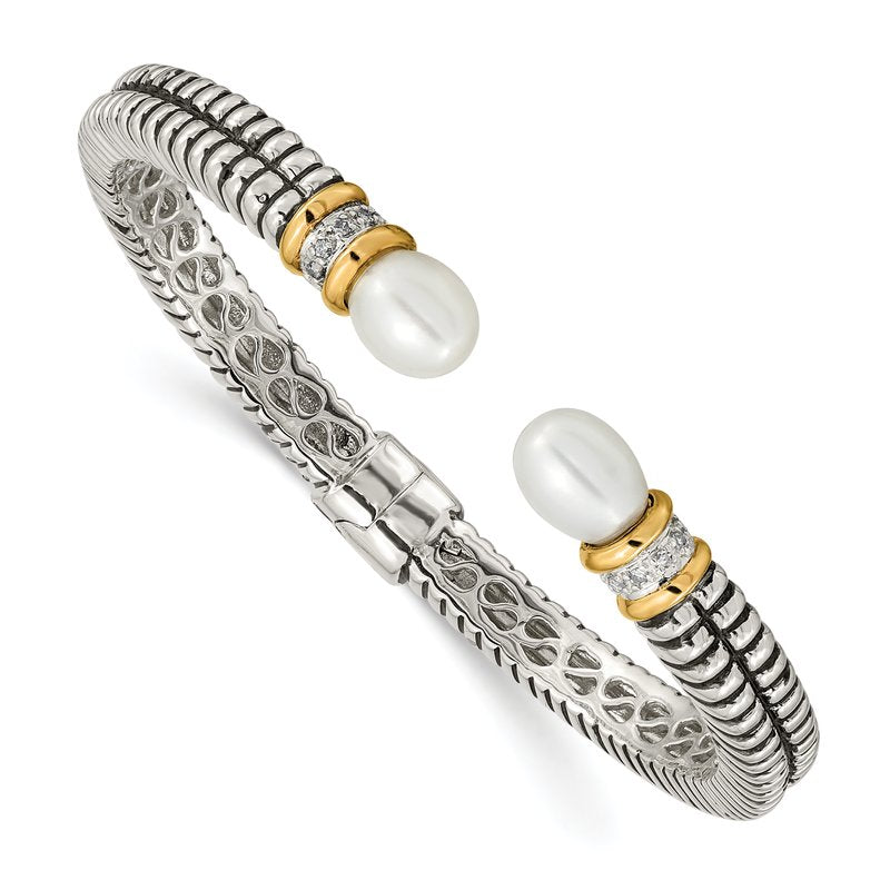 Sterling Silver with 14K Accent Antiqued 10x7.5mm Freshwater Cultured Pearl and Diamond Hinged Cuff Bracelet