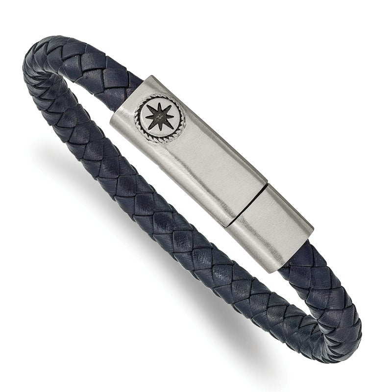 Stainless Steel Antiqued and Brushed Compass Navy Blue Braided Leather 8 inch Bracelet