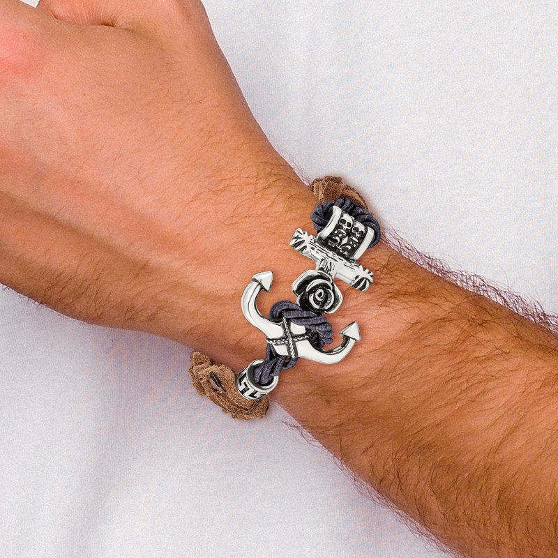 Stainless Steel Antiqued and Polished Anchor with Flower and Skulls Brown Leather 8.5 inch Bracelet