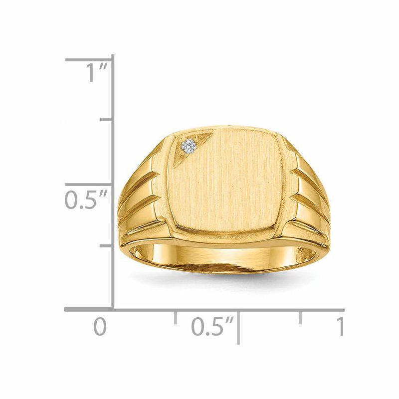 14k 12.0x11.5mm Grooved Sides Open Back AA Diamond Signet Ring