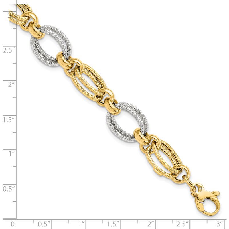 14K Two-tone Polished and Textured Fancy Link Bracelet