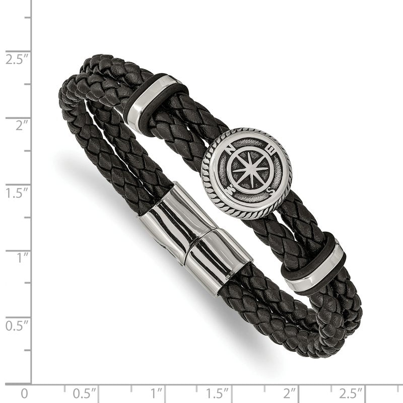 Stainless Steel Antiqued and Polished Compass Braided Black Leather 8 inch Bracelet