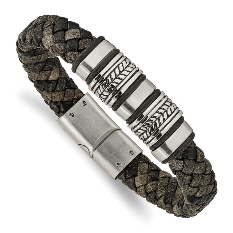 Stainless Steel Antiqued Brushed and Polished Braided Black Leather with Silicone 8.25 inch Bracelet