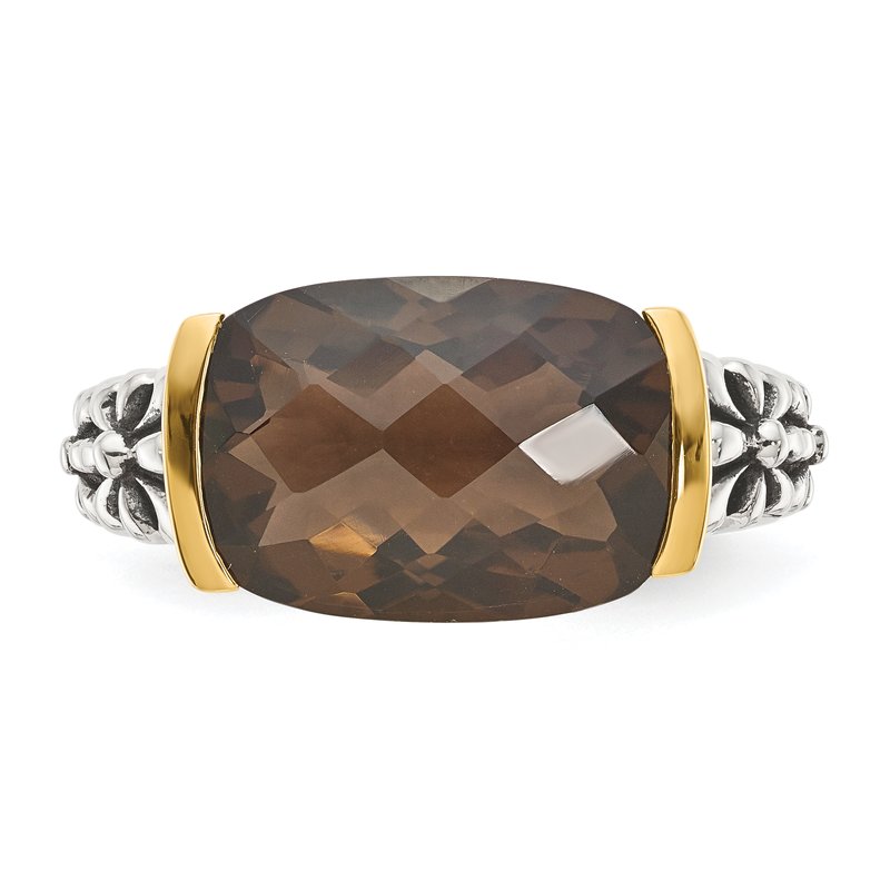 Sterling Silver with 14K Accent Antiqued Cushion Checkerboard Smoky Quartz Ring