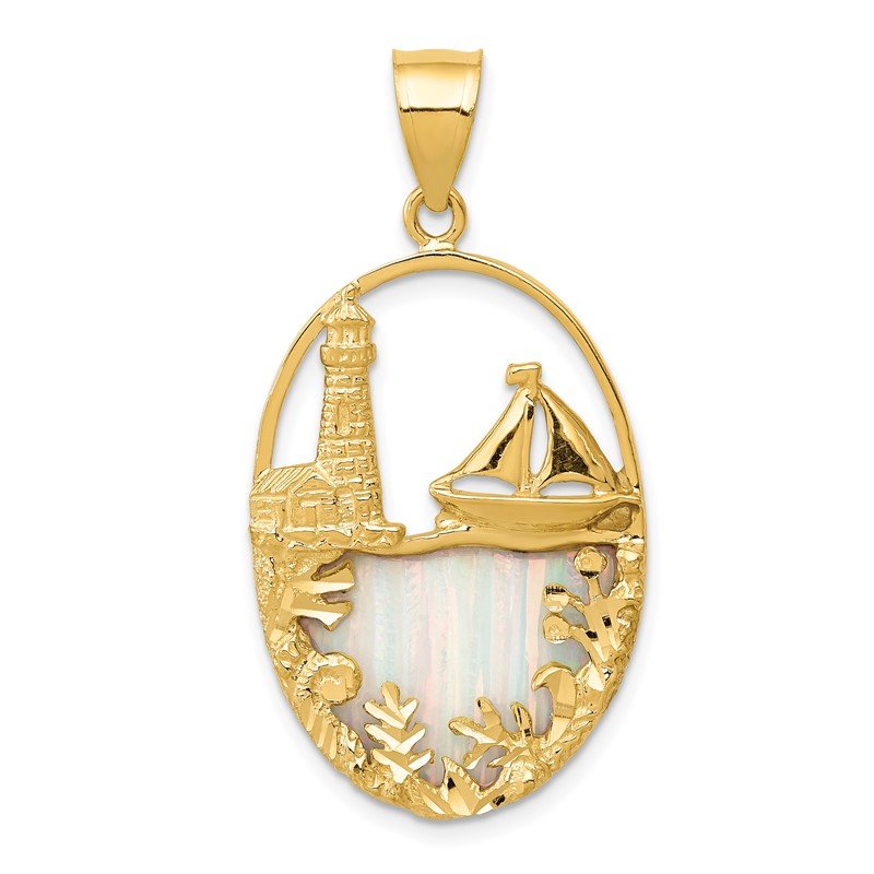 14K Lab Created Opal Lighthouse and Sailboat Pendant