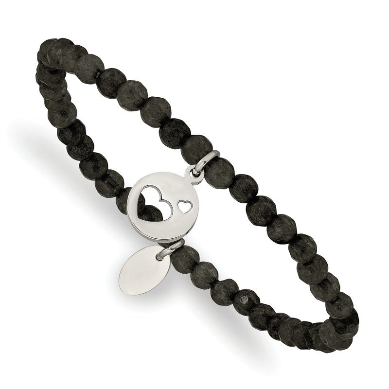 Stainless Steel Polished Hearts 4mm Black Jade Beaded Stretch Bracelet