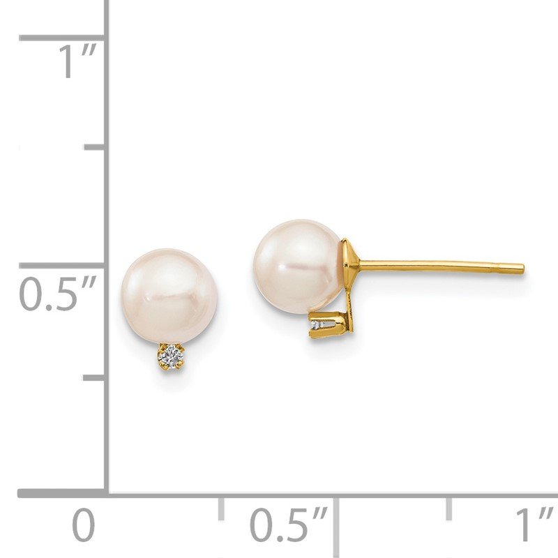 14k 5-6mm White Round Akoya Saltwater Cultured Pearl and .02 Carat Diamond Post Earrings