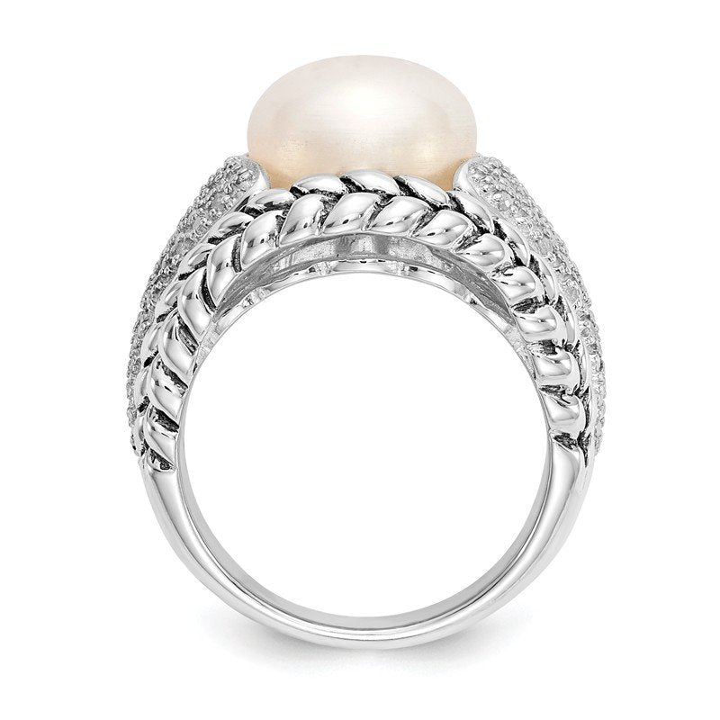 Sterling Silver Antiqued Freshwater Cultured Pearl and Diamond Ring