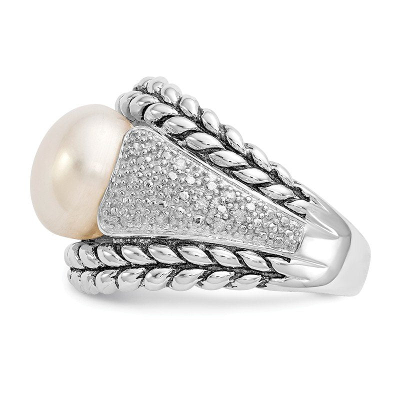 Sterling Silver Antiqued Freshwater Cultured Pearl and Diamond Ring