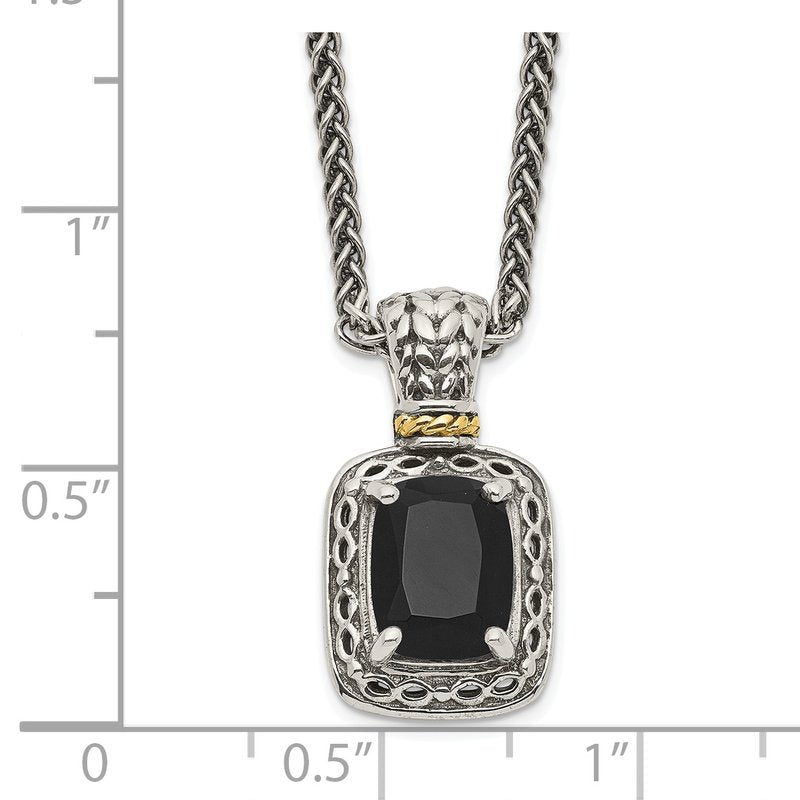 Sterling Silver with 14K Accent 18 inch Antiqued Black Onyx Necklace