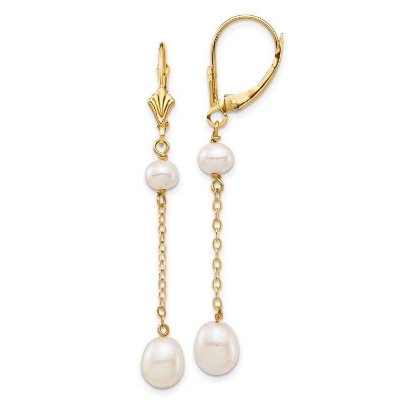 14k 5-7mm White Rice and Semi-Round Freshwater Cultured Pearl Chain Dangle Leverback Earrings
