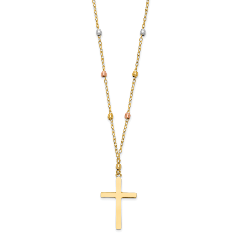 14K Tri-color Mirror Beaded Chain with Polished Cross Pendant 18 inch Necklace