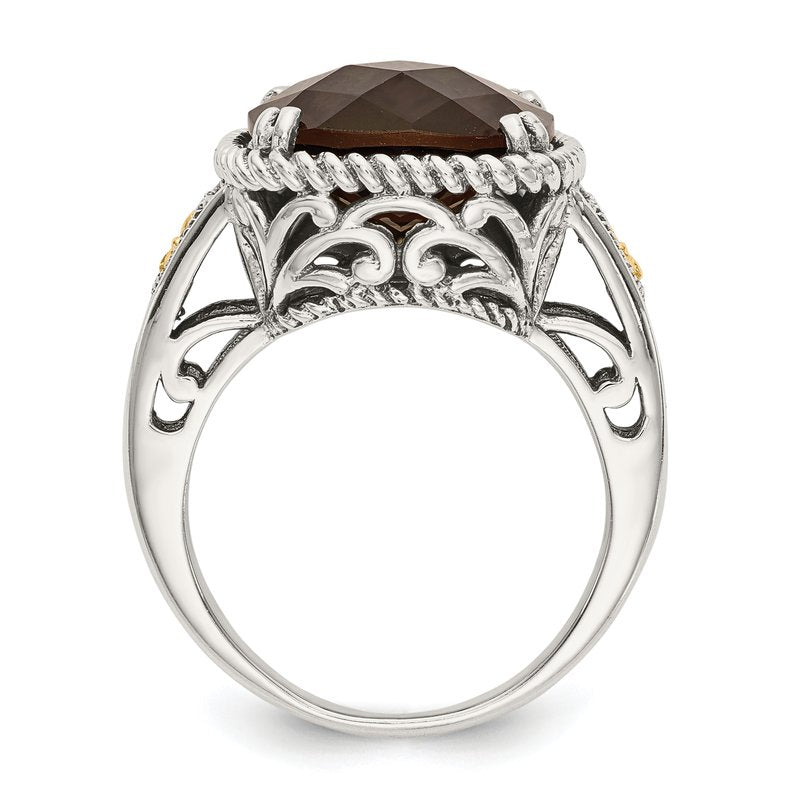 Sterling Silver with 14K Accent Antiqued Cushion Checkerboard Smoky Quartz Ring