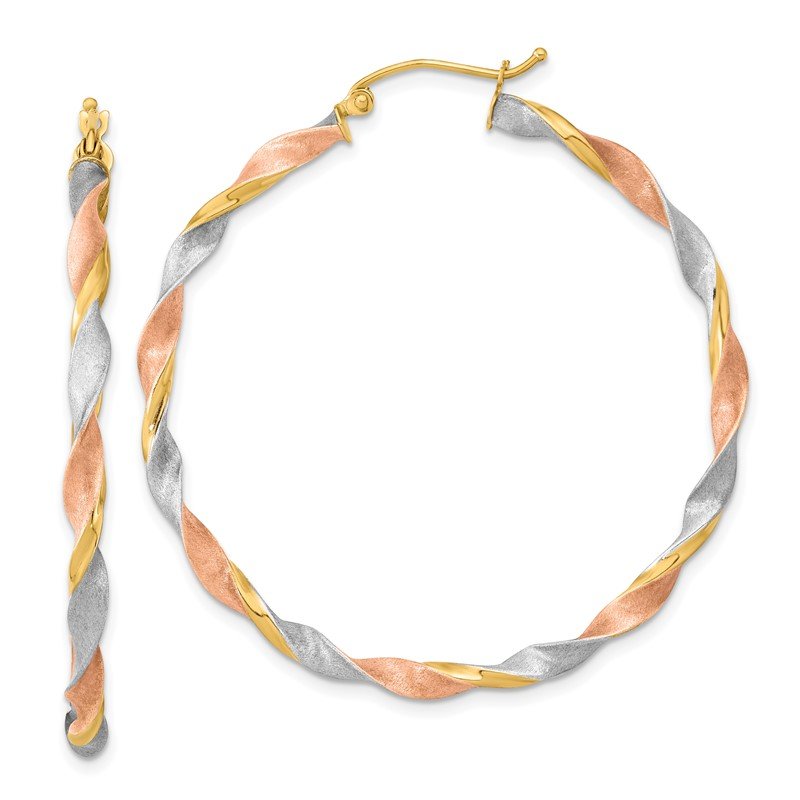 14k White &amp; Rose Rhodium Satin Twisted Hoop Earrings