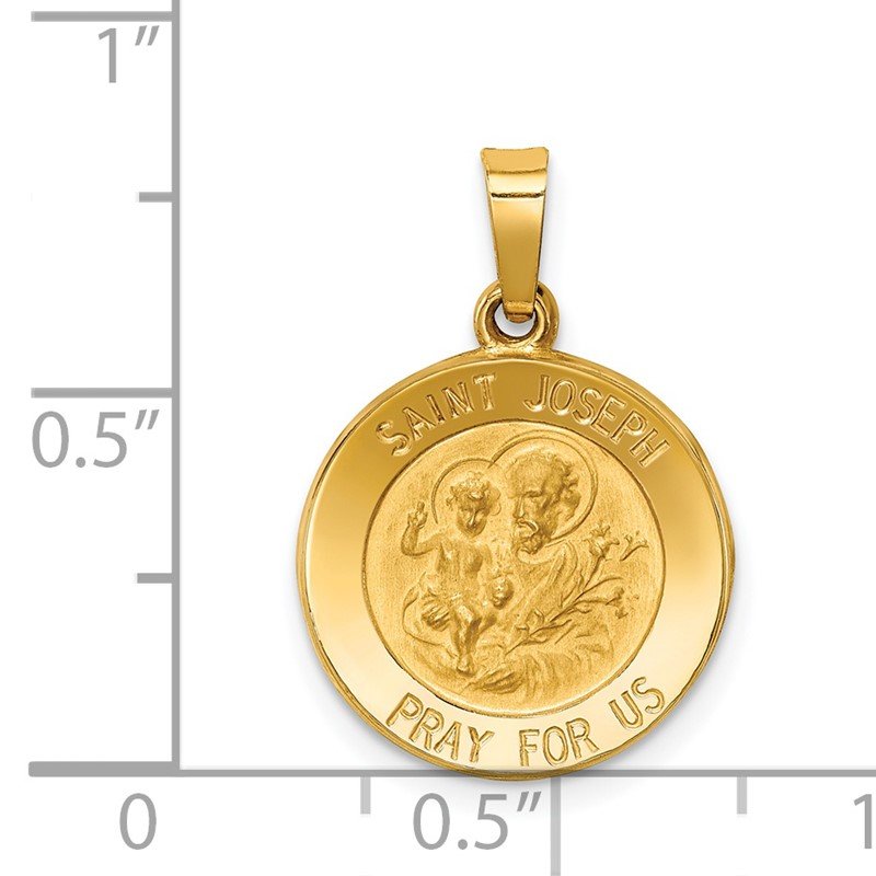 14k Polished and Satin Hollow St Joseph Medal Round Pendant