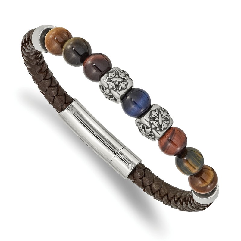 Stainless Steel Antiqued and Polished MultiColor Tiger's Eye Beads Brown Leather 8.5 inch Bracelet