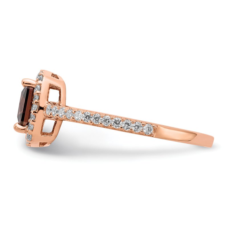 Sterling Silver Rose Gold-plated Cocoa Cushion-cut and White Brilliant-cut CZ Halo Ring